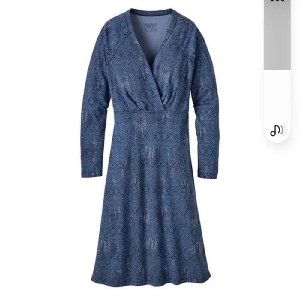 Patagonia Metairie Dress M Surplice V Neck Organic Cotton A Line Flare Navy Blue